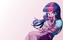 Size: 1571x1000 | Tagged: safe, artist:the-park, derpibooru import, twilight sparkle, twilight sparkle (alicorn), alicorn, human, pony, equestria girls, g4, cute, duo, female, gradient background, holding a pony, hug, hugging a pony, human ponidox, open mouth, open smile, self paradox, self ponidox, smiling, starry eyes, twiabetes, wingding eyes