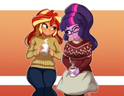 Size: 1035x800 | Tagged: safe, artist:the-park, derpibooru import, sci-twi, sunset shimmer, twilight sparkle, human, equestria girls, g4, blush lines, blushing, chocolate, clothes, duo, female, food, glasses, hot chocolate, lesbian, looking at each other, looking at someone, mug, one eye closed, sci-twishimmer, shipping, smiling, smiling at each other, sunsetsparkle, sweater, wink