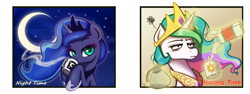 Size: 2362x886 | Tagged: safe, artist:the-park, derpibooru import, princess celestia, princess luna, pony, coffee, coffee mug, food, moon, morning, mug, night, sugar (food), sugarcube, tired