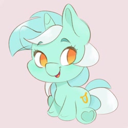 Size: 2048x2048 | Tagged: safe, artist:ethereanunicorn, derpibooru import, lyra heartstrings, pony, unicorn, g4, chibi, cute, daaaaaaaaaaaw, hoof heart, horn, lyrabetes, no pupils, pink background, simple background, sitting, smiling, solo, underhoof