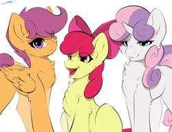 Size: 3250x2500 | Tagged: safe, artist:skitsroom, derpibooru import, apple bloom, scootaloo, sweetie belle, earth pony, pegasus, pony, unicorn, g4, apple bloom's bow, bow, chest fluff, cutie mark crusaders, eye clipping through hair, female, folded wings, hair bow, high res, horn, looking at you, mare, missing cutie mark, older, older apple bloom, older cmc, older scootaloo, older sweetie belle, open mouth, open smile, simple background, sitting, smiling, smiling at you, trio, trio female, white background, wings