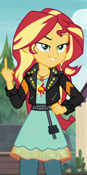 Size: 600x1200 | Tagged: safe, ai content, derpibooru import, generator:stable diffusion, machine learning generated, sunset shimmer, equestria girls, g4, blurry background, clothes, eyebrows, female, jacket, jewelry, leather, leather jacket, lidded eyes, middle finger, necklace, outdoors, prompter needed, raised eyebrow, show accurate, smiling, smug, solo, vulgar