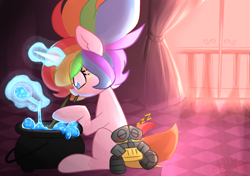 Size: 2846x2000 | Tagged: safe, artist:ladylullabystar, derpibooru import, oc, oc:lady lullaby star, pony, unicorn, cauldron, female, glasses, horn, magic, mare, solo, wall-e