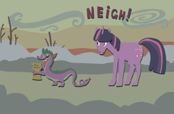 Size: 2875x1890 | Tagged: safe, artist:ciborgen, derpibooru import, spike, twilight sparkle, unicorn twilight, dragon, pony, unicorn, neigh, quill, scroll