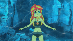 Size: 3200x1800 | Tagged: safe, artist:underwaterfanatic, derpibooru import, sunset shimmer, human, equestria girls, g4, belly button, bikini, bubble, cave, clothes, cute, female, flowing mane, freediving, holding breath, kisekae, midriff, ocean, puffy cheeks, sunset shimmer's beach shorts swimsuit, swimming, swimsuit, underwater, water