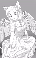 Size: 2521x4096 | Tagged: safe, artist:symbianl, derpibooru import, fluttershy, human, g4, artificial wings, augmented, breasts, clothes, dress, eared humanization, female, gray background, grayscale, high res, hootershy, humanized, mechanical wing, monochrome, simple background, solo, wings