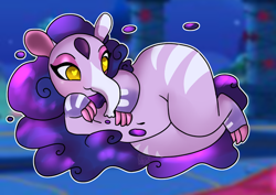 Size: 620x438 | Tagged: safe, artist:anykoe, derpibooru import, nidra (tfh), tapir, them's fightin' herds, cloven hooves, community related, eyeshadow, heart, heart eyes, lying, makeup, purple hair, solo, stripes, video game, wingding eyes