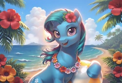 Size: 1216x832 | Tagged: safe, ai content, derpibooru import, generator:pony diffusion v6 xl, generator:stable diffusion, machine learning generated, paradise, earth pony, pony, g1, beach, beach ball, blue sky, cloud, female, floral necklace, flower, flower in hair, generator:civitai, happy, hawaii, island, looking at you, mare, ocean, open mouth, open smile, palm tree, prompter:emilia starsong, smiling, smiling at you, sunset, tree, water