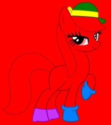 Size: 979x1099 | Tagged: safe, artist:anitapadillax3, artist:spitfirethepegasusfan39, derpibooru import, earth pony, pony, g4, adult blank flank, base used, blank flank, clothes, female, gloves, grin, hat, holy fucking shit the red, lidded eyes, little miss, little miss scatterbrain, mare, mr. men, mr. men little miss, ponified, red background, ribbon, scatterbrain, shoes, simple background, smiling, solo, species swap