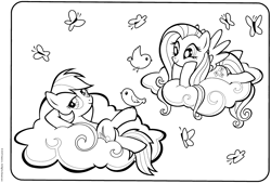 Size: 3011x2033 | Tagged: safe, derpibooru import, fluttershy, rainbow dash, bird, butterfly, pegasus, pony, g4, black and white, butt, cloud, coloring book, coloring page, crayola, duo, duo female, female, folded wings, grayscale, hooves behind head, looking away, lying down, lying on a cloud, mare, monochrome, official, on a cloud, on back, smiling, spread wings, stock vector, wings