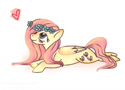 Size: 1280x926 | Tagged: safe, artist:ferafel, derpibooru import, fluttershy, pegasus, pony, 2014, female, floral head wreath, flower, heart, lying down, mare, prone, simple background, smiling, solo, white background
