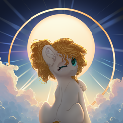 Size: 3500x3500 | Tagged: safe, artist:medkit, derpibooru import, pear butter, earth pony, pony, g4, backlighting, beige coat, blue sky, cloud, colored eyebrows, colored eyelashes, colored hooves, colored lineart, colored pupils, complex background, curly hair, curly mane, ear cleavage, ear fluff, ears, ears up, eye clipping through hair, eyebrows, eyebrows visible through hair, eyelashes, facial markings, fanart, female, filly, foal, freckles, full body, golden, hairstyle, heart shaped, heaven, high res, hoof fluff, horseshoes, leg fluff, lightly watermarked, looking at you, looking back, looking back at you, one eye closed, orange mane, ponytail, rear view, scrunchie, shading, shoulder fluff, signature, sitting, sky, smiling, smiling at you, solo, spine, sternocleidomastoid, sun, tail, turquoise eyes, wall of tags, watermark, wavy mane, wink, winking at you, young, young pear butter