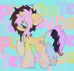 Size: 2048x1938 | Tagged: safe, artist:deadgirl-tv, derpibooru import, oc, oc only, oc:playdate, pony, unicorn, artist, bandaid, beanbrows, big ears, blue background, blue eyes, blushing, coat markings, colored pinnae, concave belly, ears, emo, eyebrows, eyebrows visible through hair, eyelashes, eyeshadow, fangs, frown, hoof heart, horn, leg fluff, leonine tail, lidded eyes, makeup, messy mane, messy tail, profile, rainbow text, raised hoof, raised leg, simple background, socks (coat marking), solo, standing, tail, thin, two toned mane, two toned tail, underhoof, unicorn horn, unicorn oc, wingding eyes, yellow coat