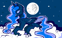 Size: 731x446 | Tagged: safe, artist:junnles, derpibooru import, princess luna, alicorn, pony, g4, blaze (coat marking), blue coat, blue mane, blue tail, cheek fluff, chest fluff, cloud, coat markings, colored hooves, colored wings, colored wingtips, ear fluff, ears, ethereal mane, ethereal tail, eyes closed, eyeshadow, facial markings, female, fetlock tuft, folded wings, full moon, heart, horn, leg fluff, limited palette, long mane, long tail, lying down, lying on a cloud, lyrics in the description, makeup, mare, mare in the moon, moon, multicolored mane, multicolored tail, night, on a cloud, profile, prone, sitting, sitting on cloud, sky background, sparkles, starry mane, starry sky, starry tail, stars, tail, two toned wings, unicorn horn, wavy mane, wavy tail, wings