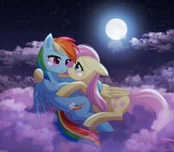 Size: 1200x1050 | Tagged: safe, artist:riouku, derpibooru import, fluttershy, rainbow dash, pegasus, 2d, bedroom eyes, blushing, cloud, commission, cutie mark, eye contact, female, flutterdash, full moon, lesbian, looking at each other, looking into each others eyes, moon, night, night sky, shipping, sky, stars, wings