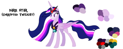 Size: 1466x590 | Tagged: safe, alternate version, artist:westrail642fan, derpibooru import, princess twilight 2.0, twilight sparkle, twilight sparkle (alicorn), alicorn, pony, g4, the last problem, alicorn amulet, alternate universe, base used, bell, chest plate, corrupted twilight sparkle, crown, evil grin, flowing mane, glowing, glowing eyes, glowing hair, grin, grogar's bell, jewelry, older, older twilight, older twilight sparkle (alicorn), reference sheet, regalia, rise and fall, simple background, smiling, solo, text, white background