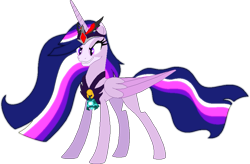Size: 861x566 | Tagged: safe, artist:westrail642fan, derpibooru import, princess twilight 2.0, twilight sparkle, twilight sparkle (alicorn), alicorn, pony, g4, the last problem, alicorn amulet, alternate universe, base used, bell, chest plate, corrupted twilight sparkle, crown, evil grin, flowing mane, glowing, glowing eyes, glowing hair, grin, grogar's bell, jewelry, older, older twilight, older twilight sparkle (alicorn), regalia, rise and fall, simple background, smiling, solo, transparent background