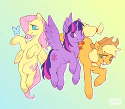 Size: 2560x2233 | Tagged: safe, artist:kuroikamome, derpibooru import, part of a set, applejack, fluttershy, twilight sparkle, twilight sparkle (alicorn), alicorn, butterfly, earth pony, pegasus, pony, g4, applejack's hat, blonde, blonde mane, blonde tail, blue eyes, clothes, colored hooves, cowboy hat, ear fluff, ears, eyelashes, female, flying, gradient background, green eyes, hat, hooves in air, in air, lidded eyes, mare, multicolored mane, multicolored tail, narrowed eyes, orange coat, pink mane, pink tail, ponytail, purple coat, purple eyes, raised hoof, raised leg, signature, smiling, spread wings, tail, tied tail, trio, trio female, wings, wings down, yellow coat, yellow mane, yellow tail