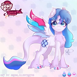 Size: 5000x5000 | Tagged: safe, artist:orion_illustrates, derpibooru import, oc, oc only, oc:aurora harmony flower, hybrid, pony, comic:tales of the unseen, broken horn, chest fluff, claws, colored wings, fluffy, gradient background, hairclip, horn, long mane, multicolored wings, patterned background, solo, spread wings, wings