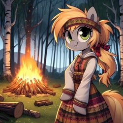 Size: 1024x1024 | Tagged: source needed, safe, ai content, derpibooru import, machine learning generated, derpy hooves, semi-anthro, campfire, cyrillic, forest, green eyes, nature, prompter needed, russian, slavic, solo, tree, wrong eye color