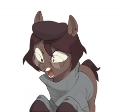 Size: 1280x1175 | Tagged: safe, artist:kuroikamome, derpibooru import, oc, oc only, earth pony, pony, angry, beret, brown coat, brown eyes, brown mane, brown tail, clothes, colored hooves, colored pinnae, ear piercing, earring, earth pony oc, glasses, hat, jewelry, male, narrowed eyes, oc name needed, open mouth, piercing, raised hooves, short mane, short tail, simple background, solo, stallion, sweater, tail, teeth, white background, yelling