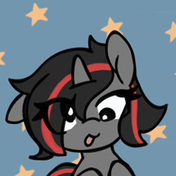 Size: 1280x1280 | Tagged: safe, artist:seylan, derpibooru import, oc, oc only, pony, unicorn, :p, cross-eyed, digital art, female, horn, one ear down, simple background, solo, stars, tongue, tongue out