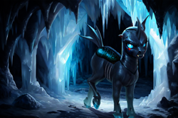 Size: 1152x768 | Tagged: safe, ai content, artist:emptyplotfiller, derpibooru import, machine learning assisted, thorax, changeling, fanfic:crossing the trixie bridge:a new life in the crystal empire, g4, cave, injured, mount everhoof, solo, torn ear