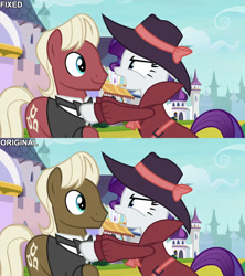 Size: 1280x1440 | Tagged: safe, derpibooru import, edit, edited screencap, editor:jaredking779, screencap, beaude mane, rarity, earth pony, pony, unicorn, g4, season 9, sparkle's seven, bowtie, clothes, comparison, detective rarity, duo, female, hat, horn, male, mare, stallion