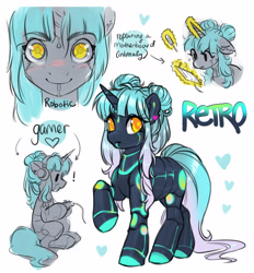 Size: 3201x3451 | Tagged: safe, artist:opalacorn, derpibooru import, oc, oc only, oc:retro, pony, robot, robot pony, unicorn, controller, dexterous hooves, female, floating heart, glowing, glowing horn, headphones, heart, hoof hold, horn, levitation, magic, mare, simple background, smiling, solo, telekinesis, white background