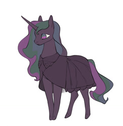 Size: 1249x1280 | Tagged: safe, artist:kuroikamome, derpibooru import, oc, oc only, oc:lacunae, alicorn, pony, fallout equestria, fallout equestria: project horizons, alicorn oc, artificial alicorn, blank stare, cloak, clothes, fanfic art, female, hidden wings, horn, long horn, mare, multicolored eyes, multicolored mane, multicolored tail, purple alicorn (fo:e), red coat, simple background, solo, tail, thin legs, wavy mane, wavy tail, white background, wingding eyes, wings
