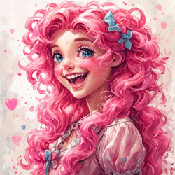 Size: 1536x1536 | Tagged: safe, ai content, derpibooru import, machine learning generated, pinkie pie, human, g4, blushing, bow, bust, clothes, female, generator:playground ai, hair bow, happy, heart, humanized, looking at you, messy hair, nightmare fuel, open mouth, portrait, prompter:pawels, shirt, smiling, solo, teeth