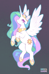 Size: 689x1033 | Tagged: safe, artist:kuroikamome, derpibooru import, princess celestia, pony, g4, crown, ear fluff, ears, eyeshadow, female, flying, gradient background, hoof shoes, hooves in air, horn, jewelry, lidded eyes, long horn, looking back, makeup, mare, multicolored mane, multicolored tail, outline, peytral, pink eyes, princess shoes, profile, rainbow text, raised hooves, regalia, signature, smiling, solo, spread wings, tail, tiara, wavy mane, wavy tail, white coat, wing fluff, wingding eyes, wings