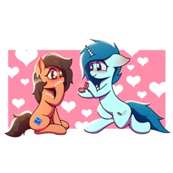 Size: 3484x3484 | Tagged: safe, artist:harukiicat, derpibooru import, oc, oc only, oc:robertapuddin, earth pony, pony, unicorn, blushing, cutie mark, duo, heart, horn, marriage proposal, shy, simple background, sitting, surprised