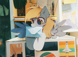 Size: 3938x2889 | Tagged: safe, artist:mirtash, derpibooru import, derpy hooves, pegasus, pony, g4, craft, female, letter, mare, mouth hold, papercraft, photo, solo, spread wings, wings