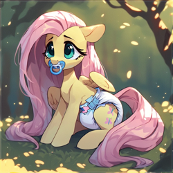 Size: 1024x1024 | Tagged: safe, ai content, derpibooru import, machine learning generated, fluttershy, pegasus, pony, adult foal, cute, cutie mark, diaper, diaper fetish, fetish, forest, nature, non-baby in diaper, outdoors, pacifier, png, prompter:blue light, reupload, sitting, solo, tree