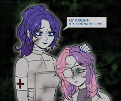 Size: 3000x2508 | Tagged: safe, artist:rawsugarmeat, derpibooru import, rarity, sweetie belle, human, alternate hairstyle, alternate universe, clothes, coat, crying, dirt, duo, duo female, eye scar, eyepatch, facial scar, female, humanized, lab coat, mlp infection, nail polish, older, older sweetie belle, red cross, sad, scar, siblings, sisters, sweater, virus