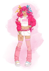Size: 1640x2360 | Tagged: safe, artist:labrony12, derpibooru import, pinkie pie, human, :p, alternate hairstyle, belly button, belt, bracelet, clothes, female, hoodie, humanized, jewelry, leg warmers, midriff, one eye closed, shirt, shoes, shorts, sneakers, socks, solo, stockings, t-shirt, thigh highs, tongue, tongue out, wink