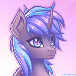 Size: 2000x2000 | Tagged: safe, artist:adagiostring, derpibooru import, oc, oc only, alicorn, abstract background, blue eyes, blue mane, bust, commission, cute, gray coat, headshot commission, looking forward, male, portrait, simple background, solo, stallion, stallion oc