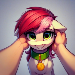Size: 1024x1024 | Tagged: safe, ai content, derpibooru import, generator:pony diffusion v6 xl, generator:stable diffusion, machine learning generated, roseluck, human, pony, behaving like a cat, collar, cute, hand, offscreen character, offscreen human, pet tag, petting, pony pet, prompter:doom9454, rosepet