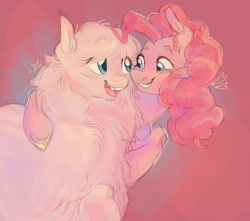 Size: 1700x1500 | Tagged: safe, artist:abbytabbys, derpibooru import, pinkie pie, oc, oc:fluffle puff, earth pony, pony, blue eyes, blushing, canon x oc, colored eyebrows, colored hooves, colored pinnae, crack shipping, curly hair, curly mane, ear fluff, ears, earth pony oc, eyebrows, eyebrows visible through hair, fangs, female, fluffy, gradient background, heart, hoof around neck, lesbian, looking at each other, looking at someone, mare, open mouth, open smile, pink coat, pink mane, shipping, smiling, smiling at each other, sparkles, teeth, unshorn fetlocks, wingding eyes