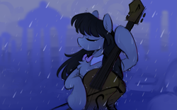 Size: 1839x1142 | Tagged: safe, artist:crimmharmony, derpibooru import, octavia melody, pony, g4, bow, cello, cloudsdale, crying, eyes closed, female, half body, mare, musical instrument, rain, solo