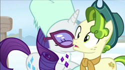 Size: 800x447 | Tagged: safe, derpibooru import, screencap, pistachio, rarity, earth pony, pony, unicorn, best gift ever, animated, clothes, colored pupils, cutie mark, duo, duo male and female, eyelashes, eyes closed, female, frame by frame, green hair, green mane, hat, horn, male, purple hair, purple mane, shipping fuel, snow, wide eyes, winter outfit