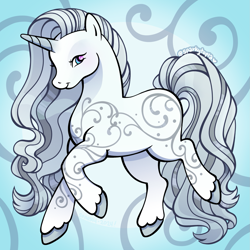 Size: 1779x1779 | Tagged: safe, artist:sparkytopia, derpibooru import, princess silver swirl, pony, unicorn, g2, blue eyes, grey hair, horn, looking at you, signature, smiling, unshorn fetlocks, white coat