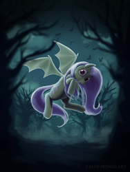 Size: 3000x4000 | Tagged: safe, artist:calebpedigo, derpibooru import, fluttershy, bat pony, pony, g4, bat ponified, fangs, female, flutterbat, flying, forest, high res, looking at you, mare, nature, night, race swap, solo, tree