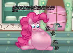 Size: 2242x1643 | Tagged: safe, artist:fancy_blue, derpibooru import, part of a set, pinkie pie, earth pony, pony, belly, belly bumps, big belly, dialogue, emanata, hoof imprints, hyper, hyper belly, hyper pregnancy, impossibly large belly, kicking, kitchen, open mouth, open smile, preggy pie, pregnant, smiling, spreading, stretchmarks, sugarcube corner