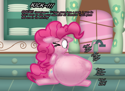 Size: 2242x1643 | Tagged: safe, alternate version, artist:fancy_blue, derpibooru import, part of a set, pinkie pie, earth pony, pony, belly, belly bumps, big belly, blank eyes, crying, dialogue, emanata, gritted teeth, hoof imprints, hyper, hyper belly, hyper pregnancy, impossibly large belly, kicking, kitchen, one eye closed, pain, preggy pie, pregnant, spreading, sugarcube corner, tears of pain, teary eyes, teeth