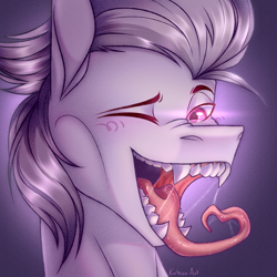 Size: 3000x3000 | Tagged: safe, artist:kreteen art, derpibooru import, oc, oc:nobrony, bat pony, blushing, drool, fangs, long tongue, mawshot, one eye closed, open mouth, sharp teeth, simple background, teeth, tongue, tongue out, wink