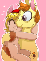 Size: 500x656 | Tagged: safe, artist:frostedminispooner, derpibooru import, oc, oc:nursery rhyme, oc:poké, pony, ask nursery rhyme, female, filly, foal, glasses, hug, male, stallion