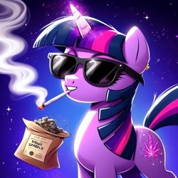 Size: 1024x1024 | Tagged: safe, ai content, derpibooru import, generator:dall-e 3, machine learning generated, twilight sparkle, unicorn twilight, pony, unicorn, drugs, joint, marijuana, prompter needed, smoking, solo, sunglasses