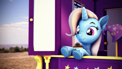 Size: 3840x2160 | Tagged: safe, artist:psfmer, derpibooru import, trixie, pony, unicorn, g4, 3d, :3, clothes, cute, diatrixes, female, hat, high res, horn, mare, solo, source filmmaker, trixie's hat, trixie's wagon, unshorn fetlocks, wagon